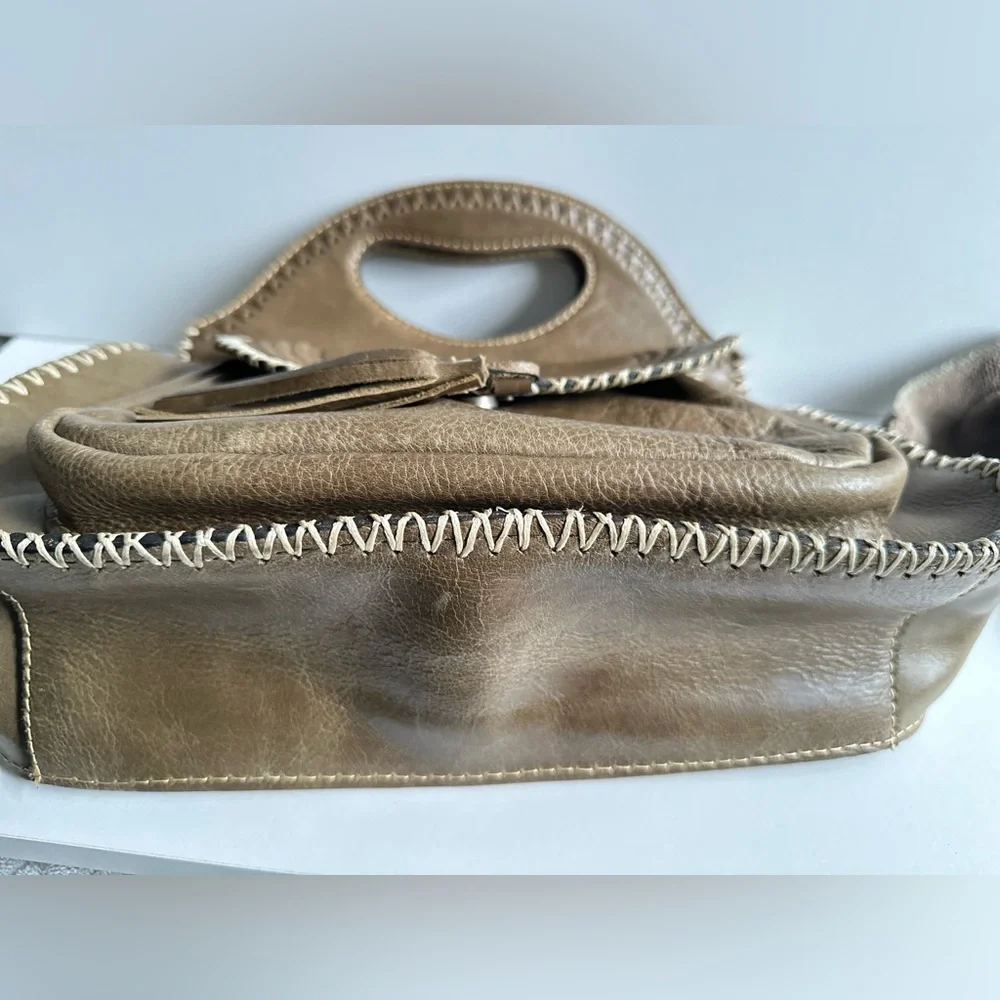 Patricia Nash Sage Green Distressed Leather Stitch Trim Detach Strap Hobo Bag